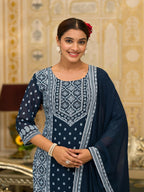 Juniper Women's Navy Ethnic Motif Printed Georgette Kurta Pant And Dupatta Set With Sequins & Beads | Grocsy