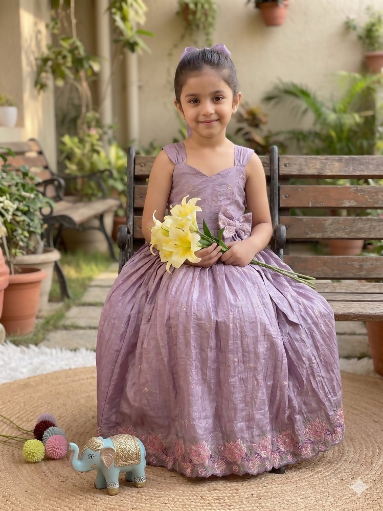 Teeya Creation New Trendy Girls Elegant White Crinkled Ethnic Gown with Pink Lotus Border and Stylish Waist Bow | Grocsy