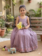 Teeya Creation New Trendy Girls Elegant White Crinkled Ethnic Gown with Pink Lotus Border and Stylish Waist Bow | Grocsy