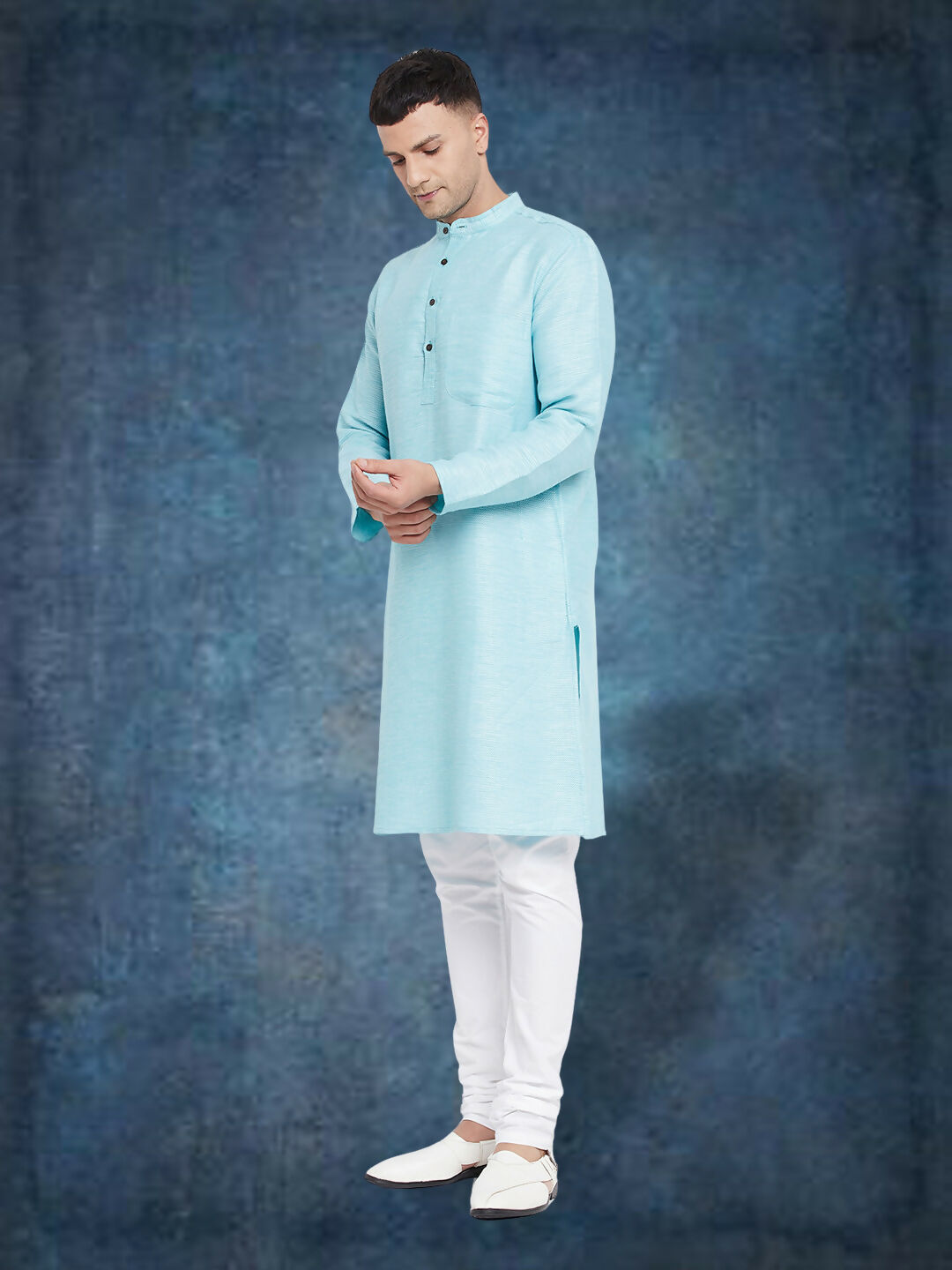 Even Apparels Men's Pure Cotton Turquoise Kurta | Grocsy