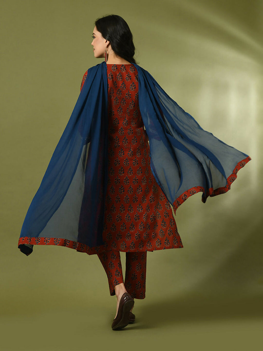 Myshka Women's Rust Printed Cotton Straight Party Kurta Set With Dupatta | Grocsy