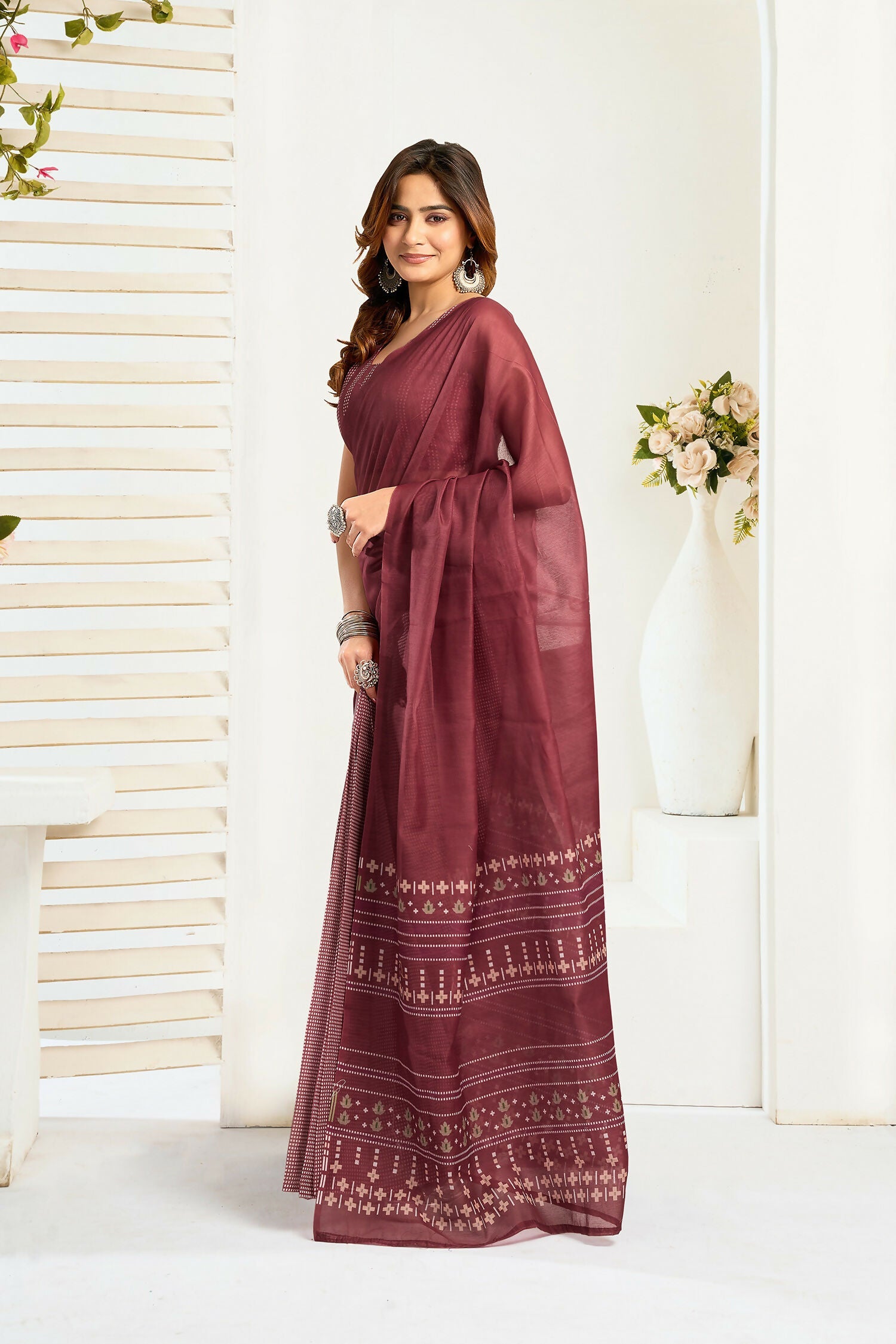 Joban Fashion Maroon Ethnic Motifs Linen Ready To Wear Saree With Unstitched Blouse | Grocsy