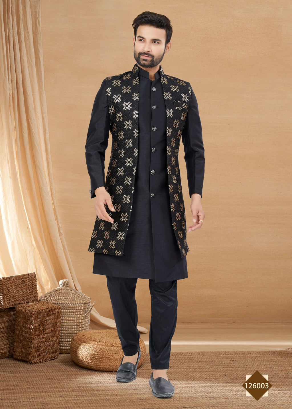 Joban Fashion Men's Black Heavy Art Silk Plain Indowestern | Grocsy