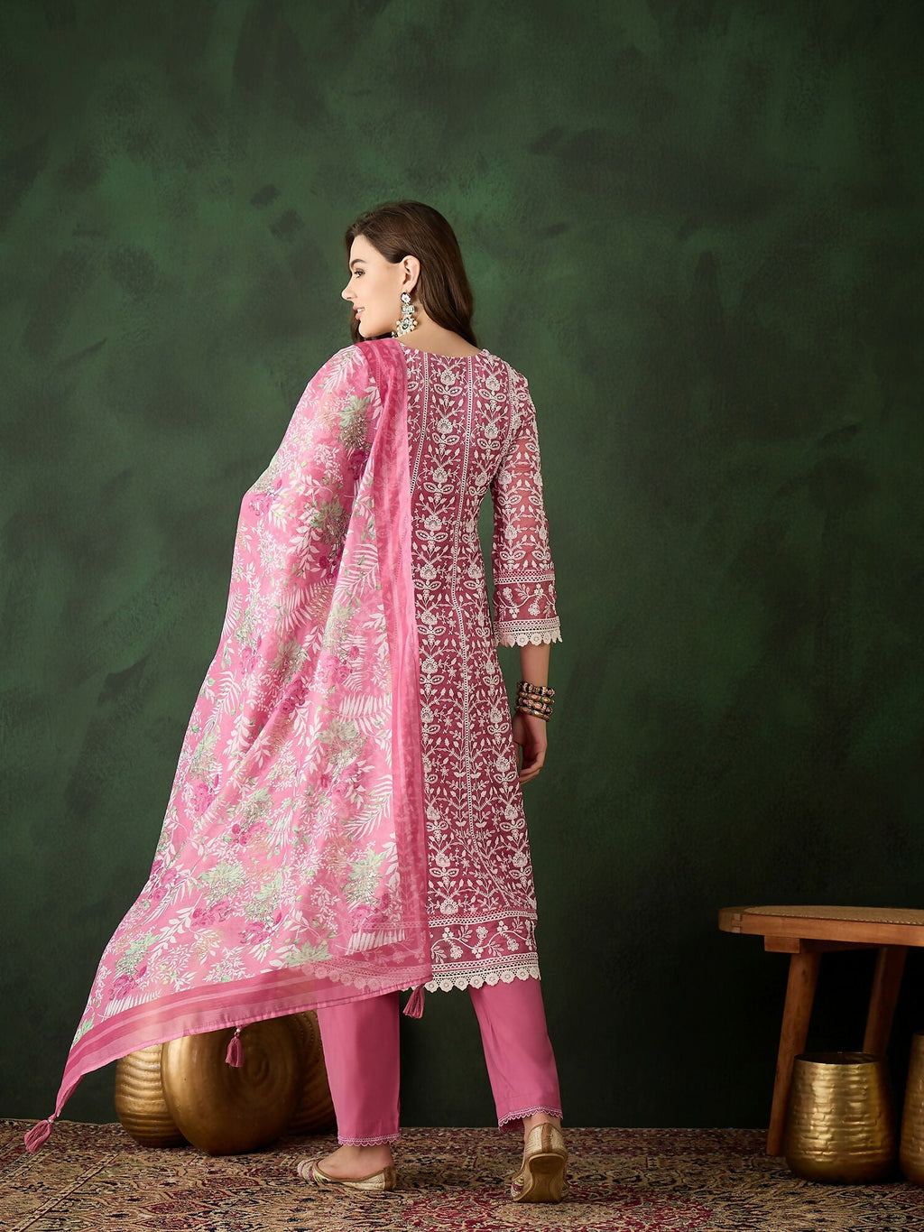 Pink Crystal Organza schiffli embroidery Kurta With Trouser & Dupatta - Bhumi | Grocsy