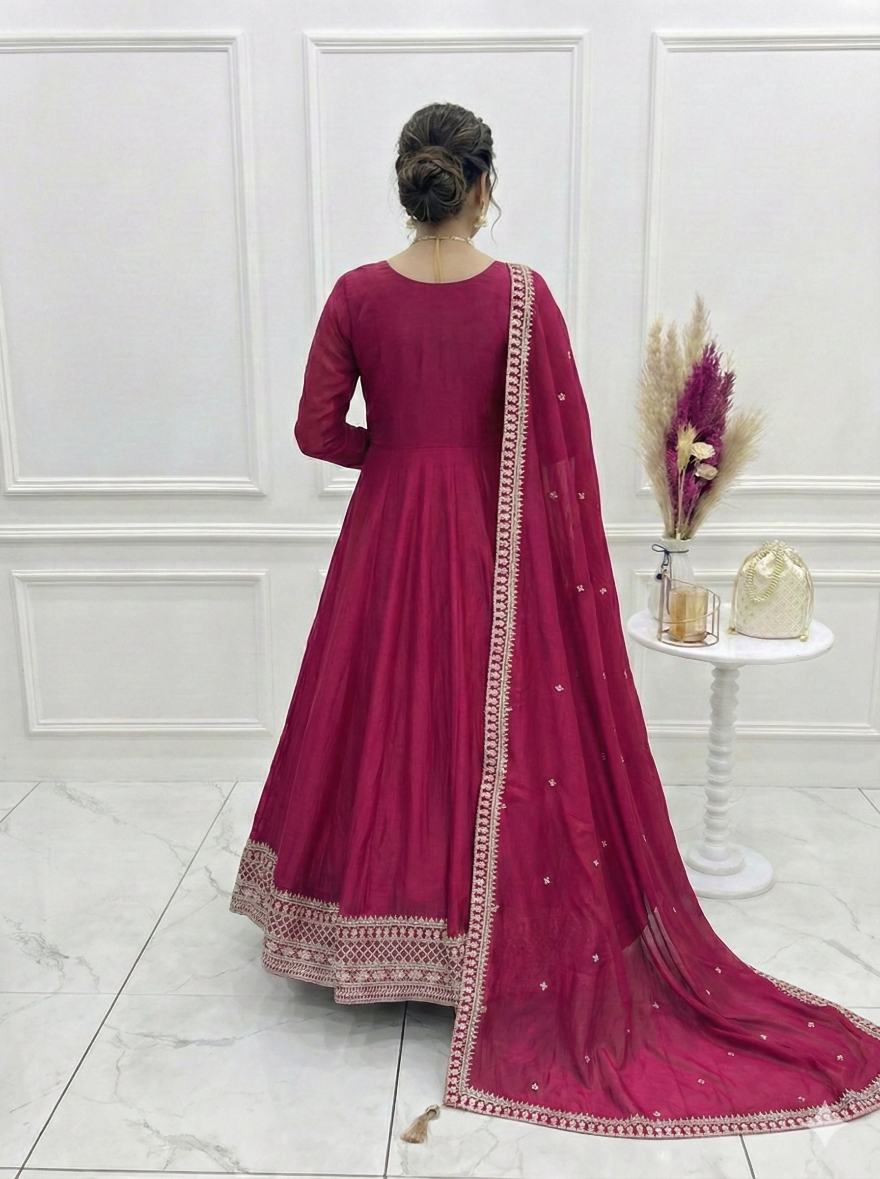 Teeya Creation Dark Rani Color Vichitra Silk Embroidery Work Party Wear Long Gown | Grocsy