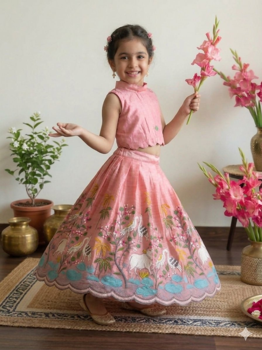 Teeya Creation New Girls Blush Pink Pichwai Embroidered Lehenga Choli Set-Pink | Grocsy
