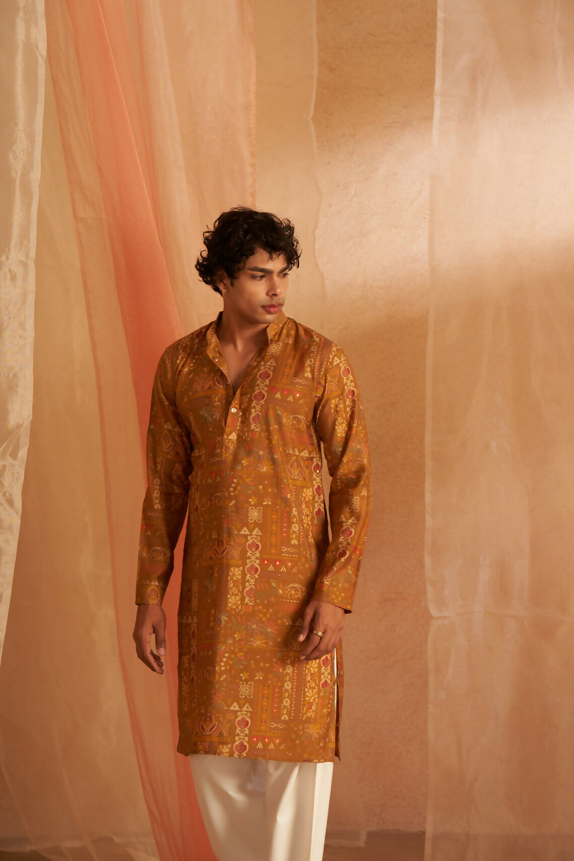 Brownish Yellow Modal Silk Designer Printed Men's Kurta Set - Mahotsav | Grocsy