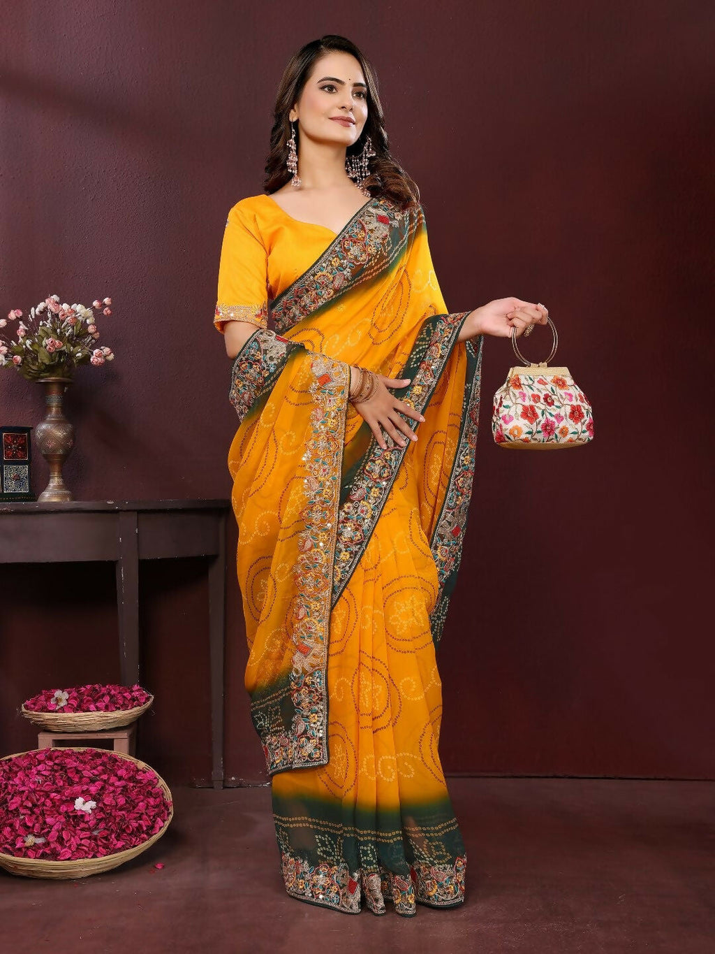 Ai Fashion Yellow Georgette Digital Print Party Wear Saree | Grocsy