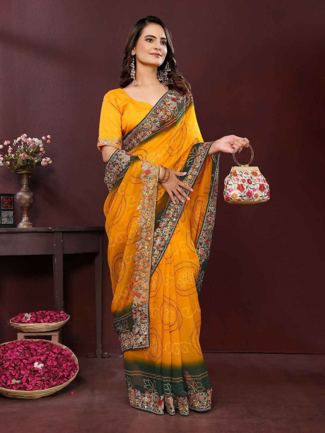 Ai Fashion Yellow Georgette Digital Print Party Wear Saree | Grocsy