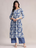 Aavyora Women's Blue Floral Printed Cotton Kurta with Chevron Pattern Palazzo Set | Grocsy