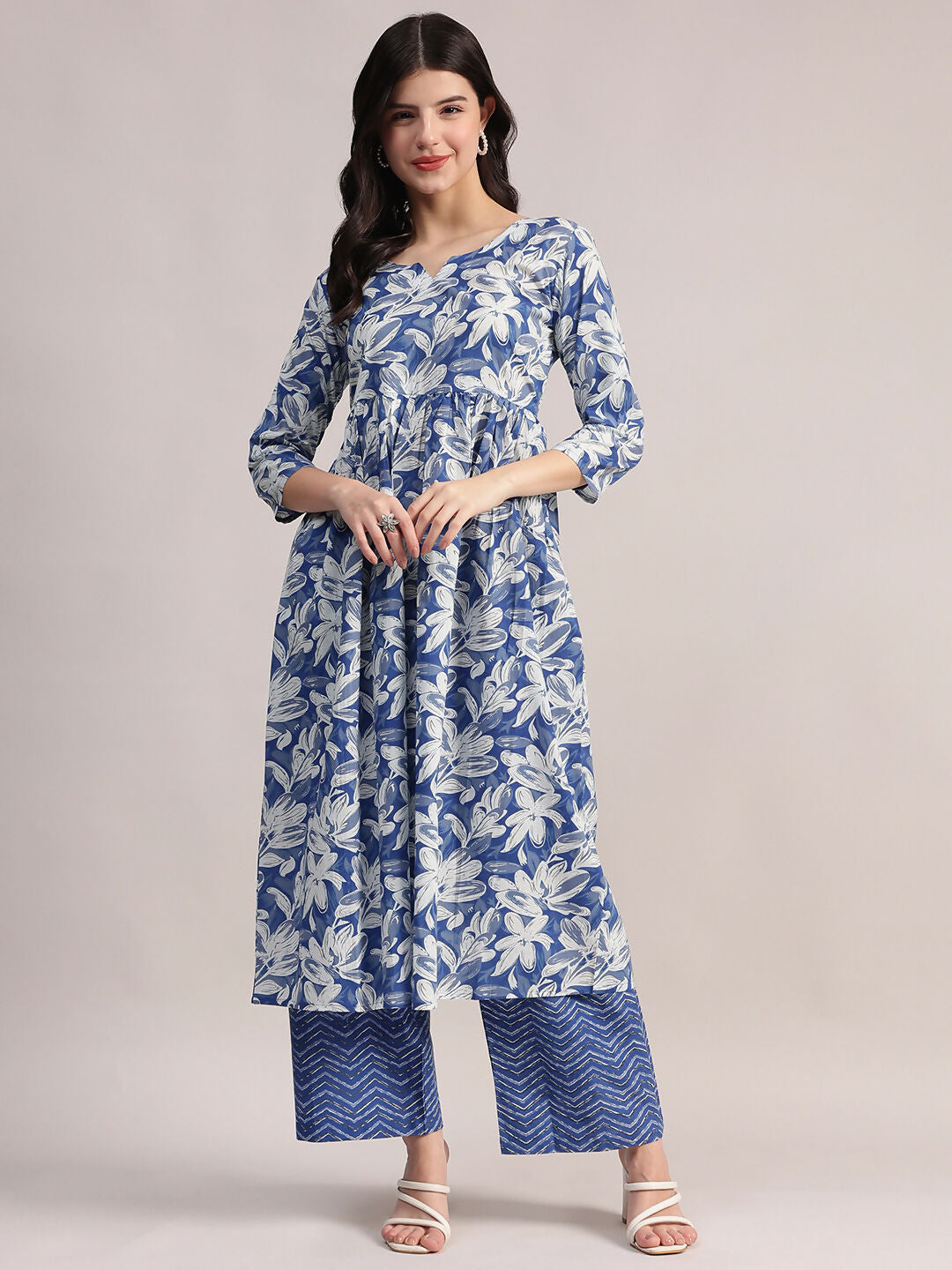 Aavyora Women's Blue Floral Printed Cotton Kurta with Chevron Pattern Palazzo Set | Grocsy