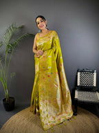 Joban Fashion Meenakari Lime Green Woven Soft Silk Saree | Grocsy