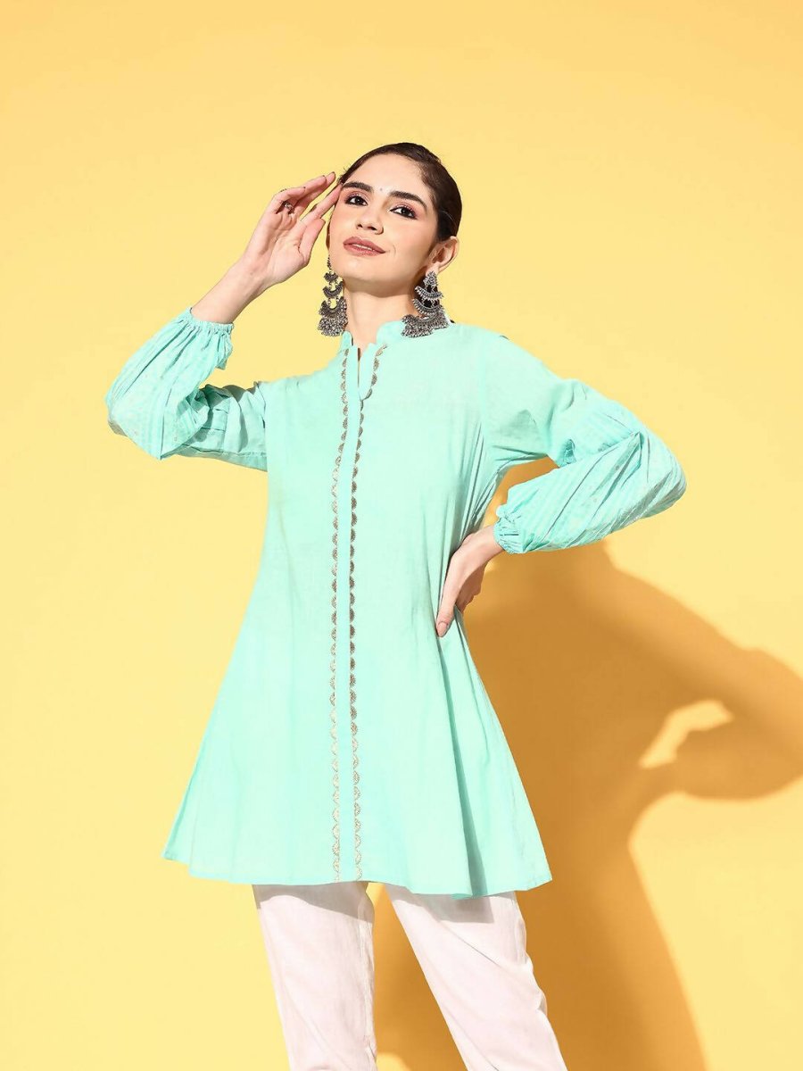 Ahalyaa Women Mint Green Pure Cotton Silver Print Tunic | Grocsy