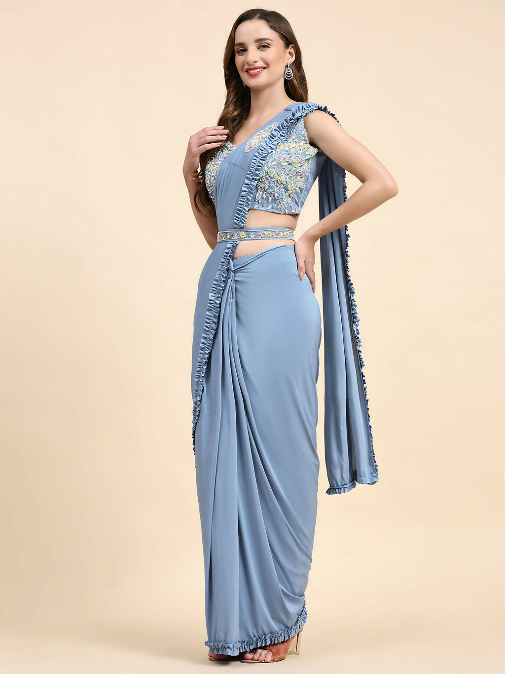 Blue Lycra Solid Ready to wear Saree with stitched Blouse - Vanita | Grocsy