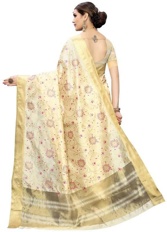 Vamika Weaving Cream Cotton Polyester Silk Saree (Kerala Floral) | Grocsy