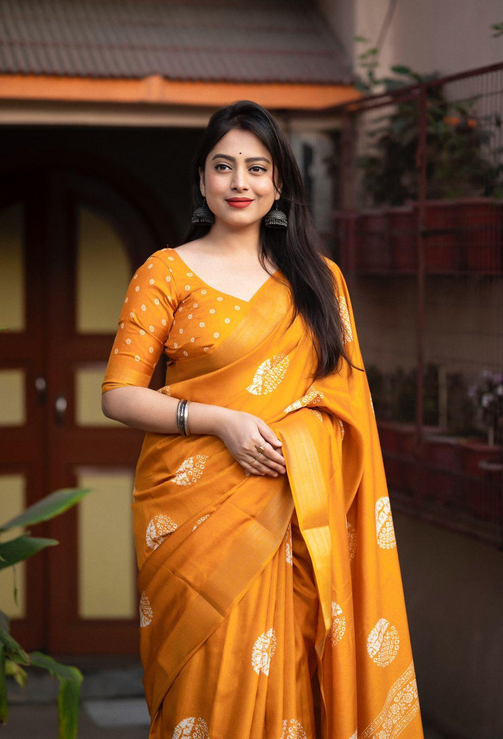 Mustard Cotton Crepe Batik Print Saree with Unstitched Blouse - Hiral Fashion | Grocsy