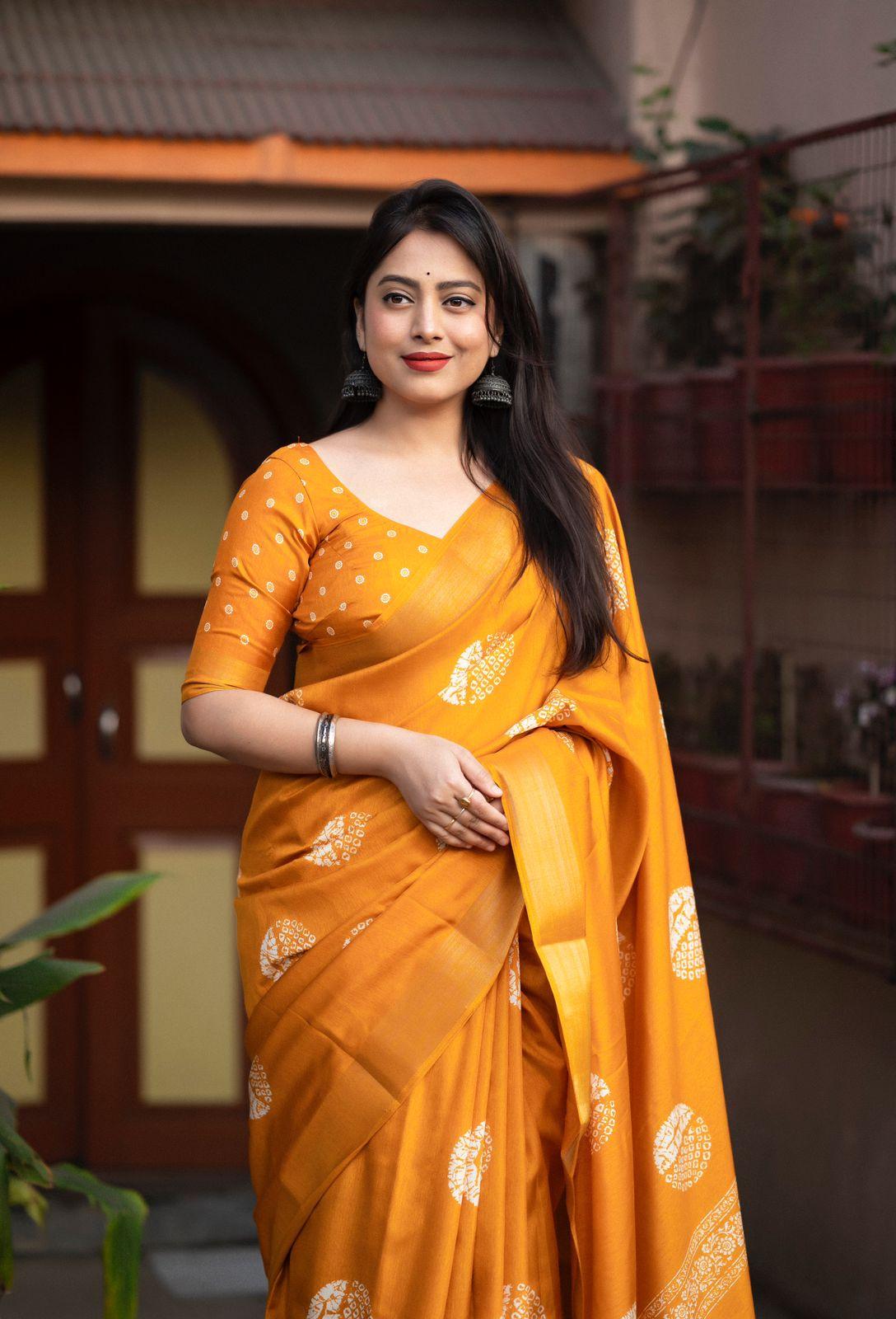 Mustard Cotton Crepe Batik Print Saree with Unstitched Blouse - Hiral Fashion | Grocsy
