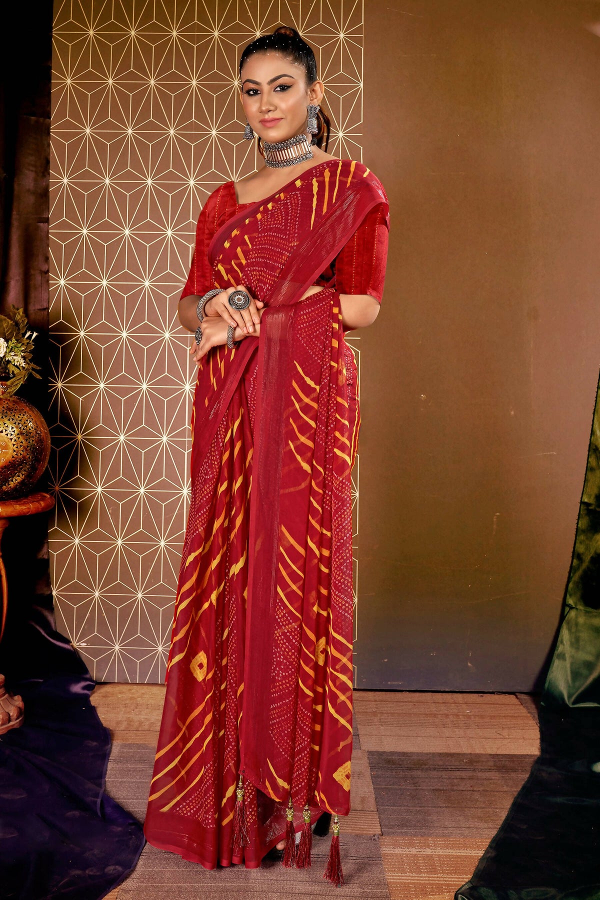 Maroon Chiffon Leheriya Printed Saree With Unstitched Blouse Piece - Shanaya | Grocsy