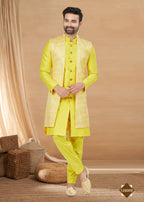 Joban Fashion Men's Lemon Yellow Heavy Art Silk Double Finish Plain Indowestern | Grocsy