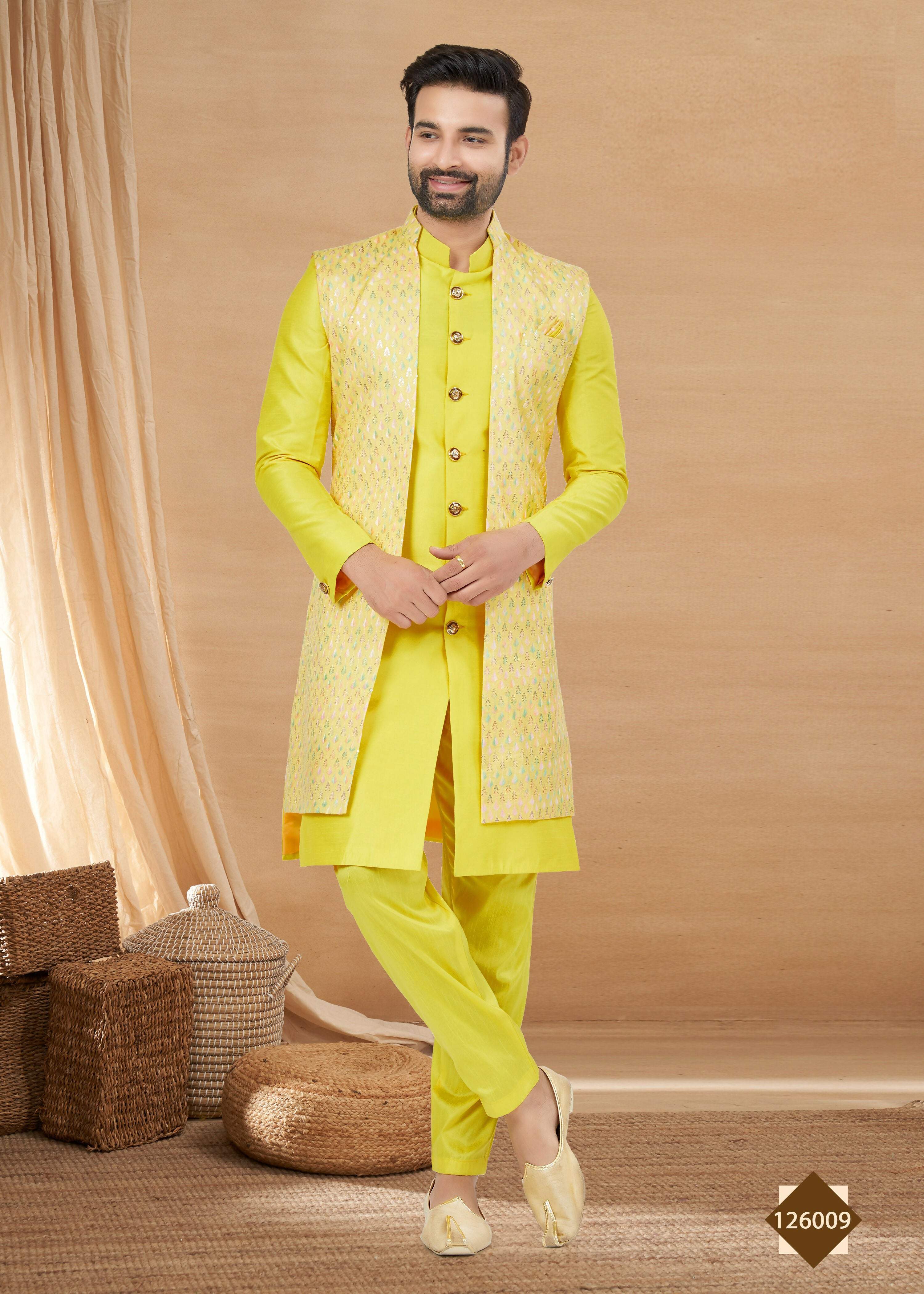 Joban Fashion Men's Lemon Yellow Heavy Art Silk Double Finish Plain Indowestern | Grocsy