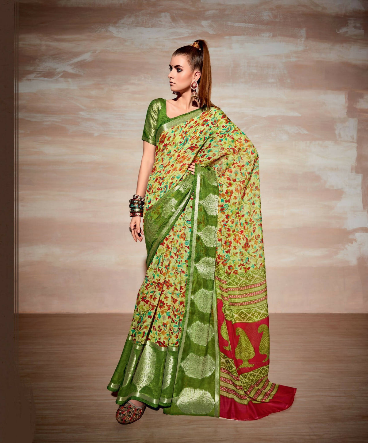 Light Green Cotton Floral Printed Saree With Unstitched Blouse Piece - Kathika | Grocsy