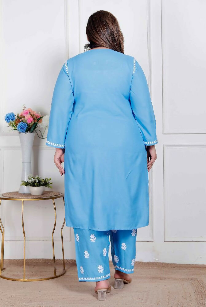 Miravan Womens Plus Size Blue Embroidered Kurta With Palazzo | Grocsy