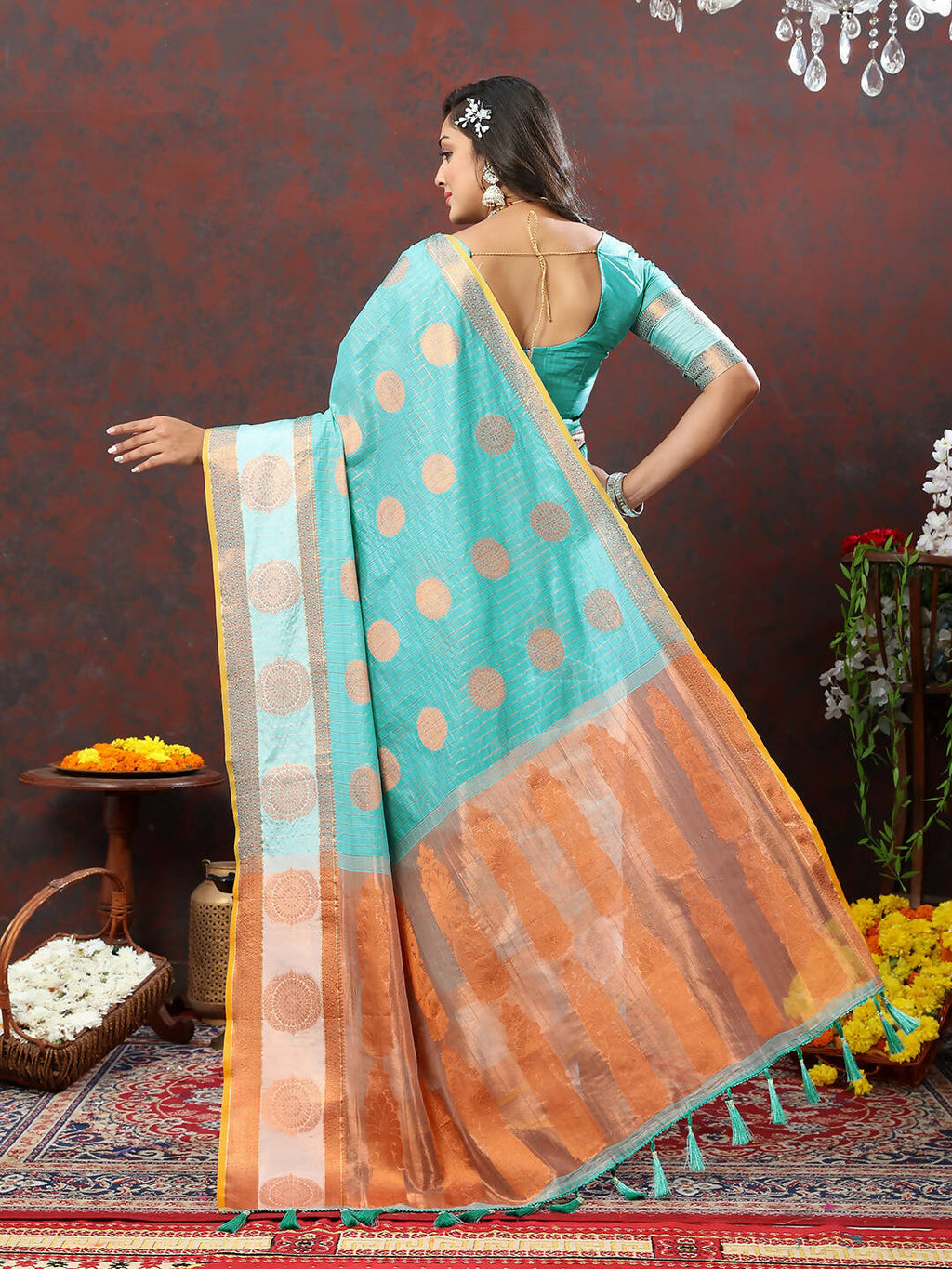 Lorenvalley Fashion Skyblue Cotton with Woven Design Zari Weaving Saree | Grocsy