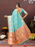 Lorenvalley Fashion Skyblue Cotton with Woven Design Zari Weaving Saree | Grocsy