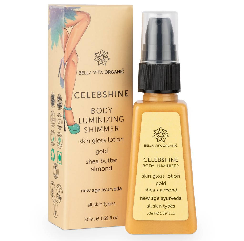 Bella Vita Organic Celeb Shine Body Luminizing Shimmer skin Gloss Lotion Gold Shea Butter Almond | Grocsy