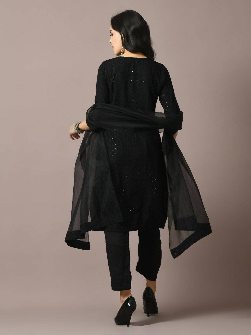 Myshka Women's Black Embroidered Cotton Straight Party Kurta Set With Dupatta | Grocsy