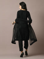 Myshka Women's Black Embroidered Cotton Straight Party Kurta Set With Dupatta | Grocsy