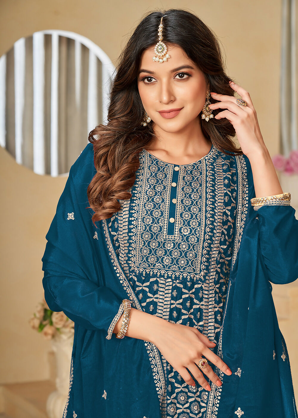 Chinnon Peacock Blue Embroidered Palazzo Salwar Suit - Emponline | Grocsy