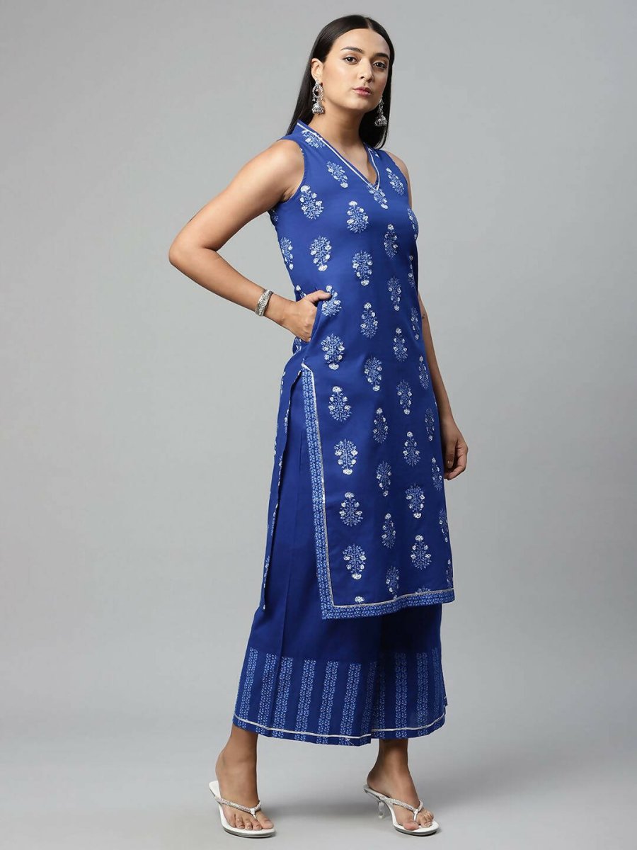 Ahalyaa Womens Indigo Blue Pure Cotton Printed Kurta Palazzo Set | Grocsy