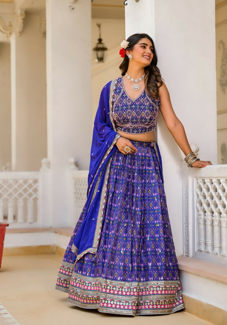 Wedding Partywear Royal Blue Slim Georgette Lehengha Choli With Dupata - Agnidhara | Grocsy