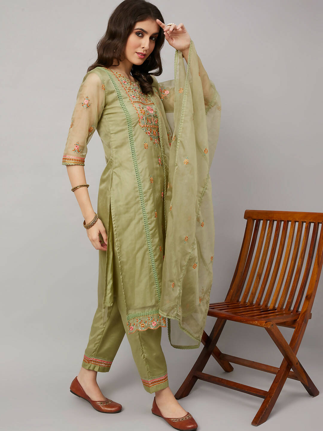 Green Organza Embroidered Kurta with Bottom & Dupatta - Salimar | Grocsy