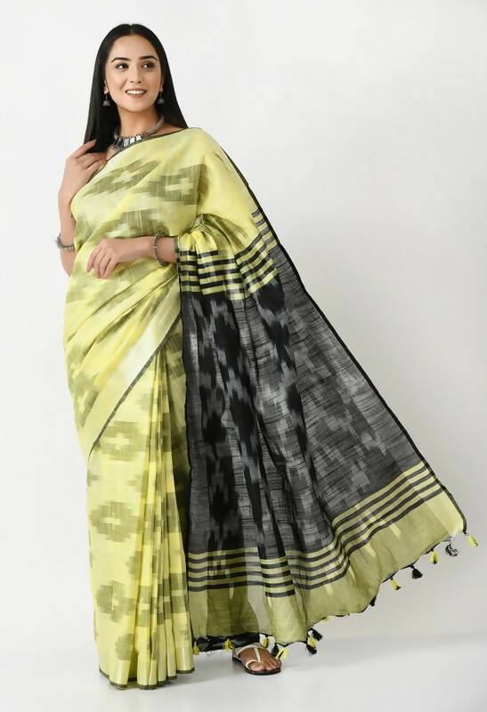 Mominos Fashion Moeza Lemon Yellow & Black Bhagalpuri Handloom Ikat Pure Cotton Saree with unstitched Blouse piece | Grocsy