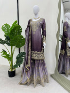 The52 Women's Beautiful Chinon silk Fabric Embroidery Work Straight Kurta Palazzo and Dupatta Set | Grocsy