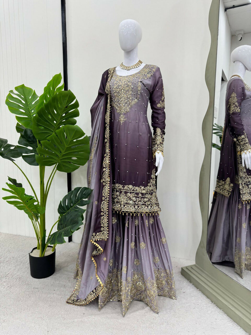 The52 Women's Beautiful Chinon silk Fabric Embroidery Work Straight Kurta Palazzo and Dupatta Set | Grocsy
