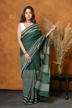 Very Much Indian Handblock Printed Cotton Saree With Natural Dyes - Leaf Green | Grocsy