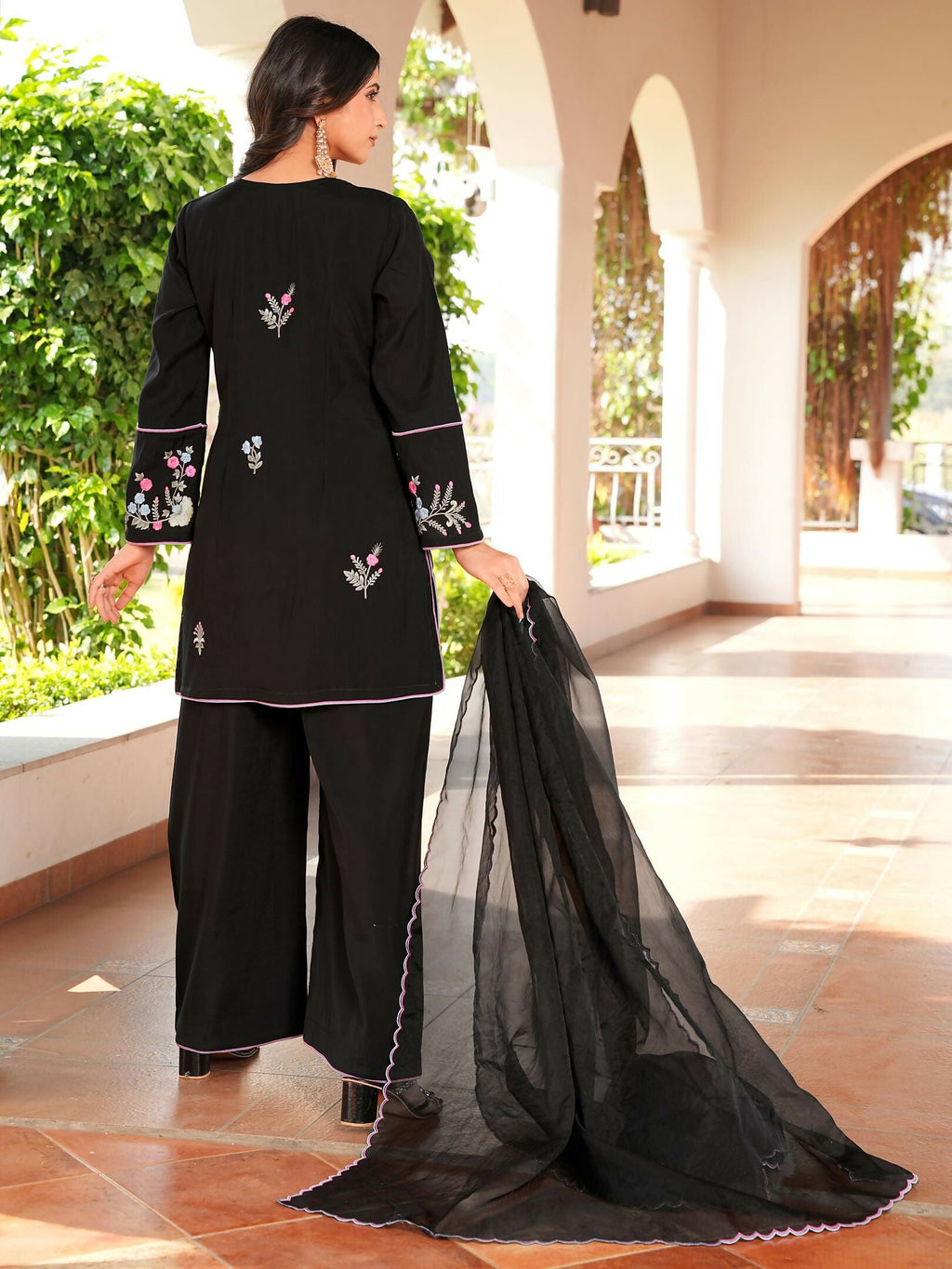Nikhaar Black Embroidered Art Silk Stitched Straight Cut Kurta Culottes Dupatta Readymade Suit | Grocsy