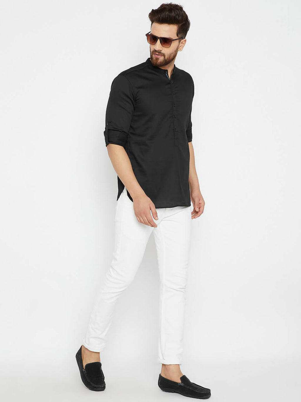 Even Apparels Black Pure Cotton Men's Kurta With Band Collar | Grocsy