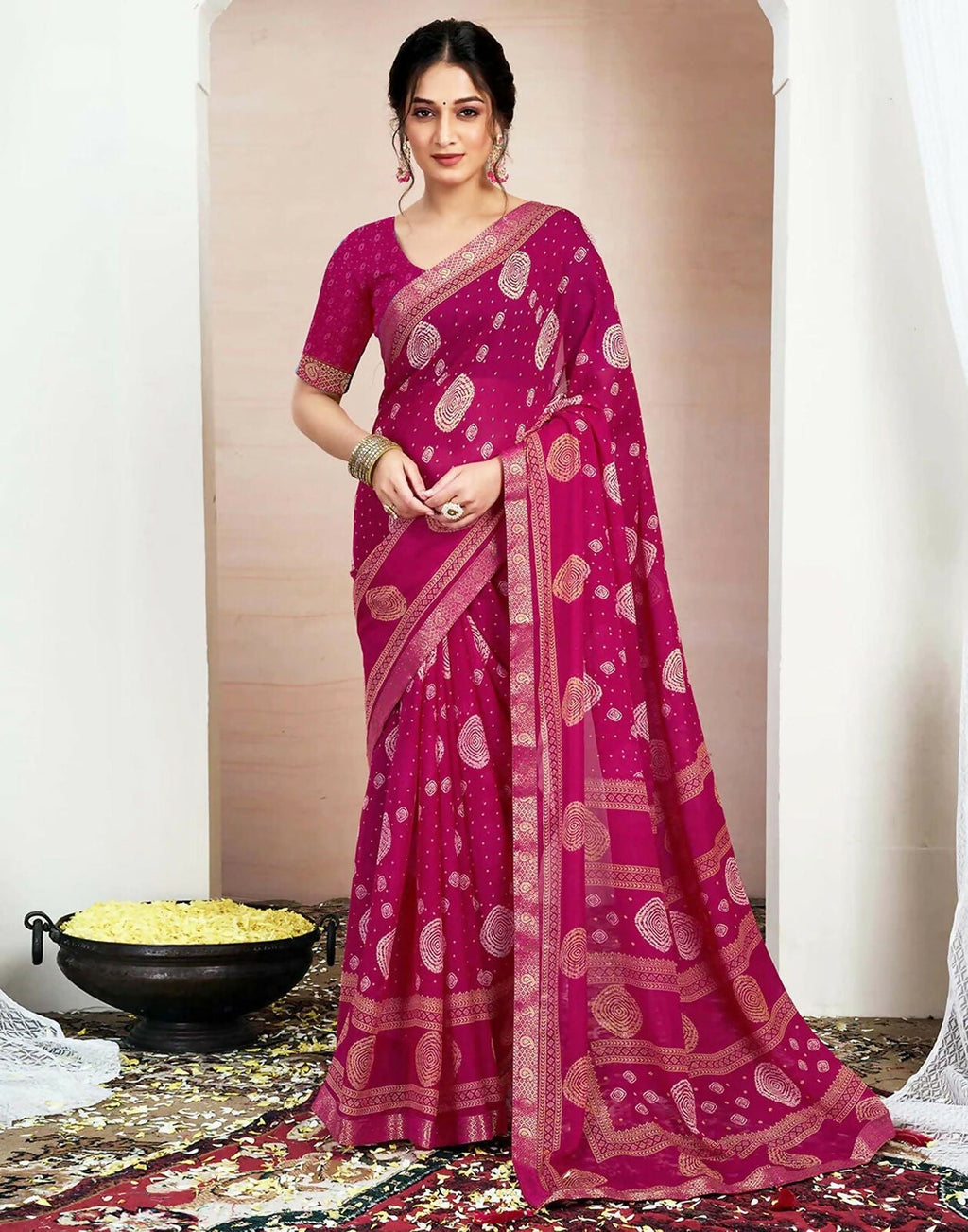 Joban Fashion Chiffon Printed Rani Pink Color Saree | Grocsy
