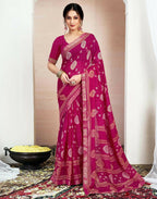 Joban Fashion Chiffon Printed Rani Pink Color Saree | Grocsy