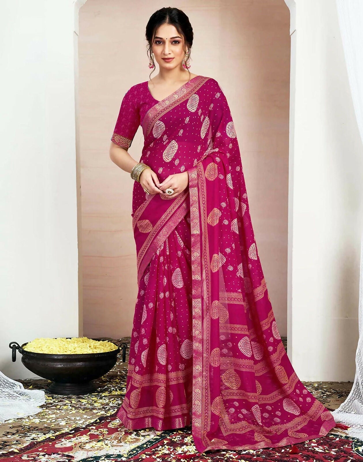 Joban Fashion Chiffon Printed Rani Pink Color Saree | Grocsy