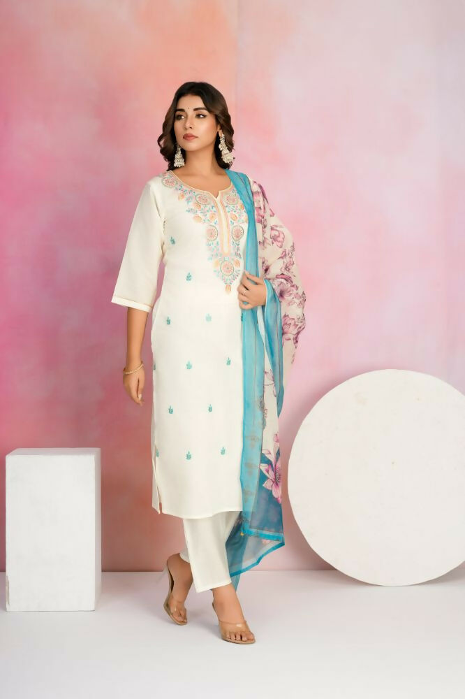 Ethnic Festive Wear Viscose Chanderi Off White Stitched Suit With Dupatta - Tanisha | Grocsy