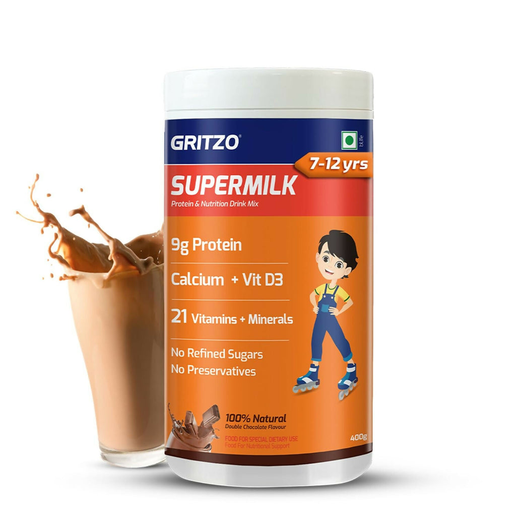 Gritzo SuperMilk Overall Growth (7-12y Boys), 9g Protein (Double Chocolate, Zero Refined Sugar, 20 Vitamins & Minerals | Grocsy