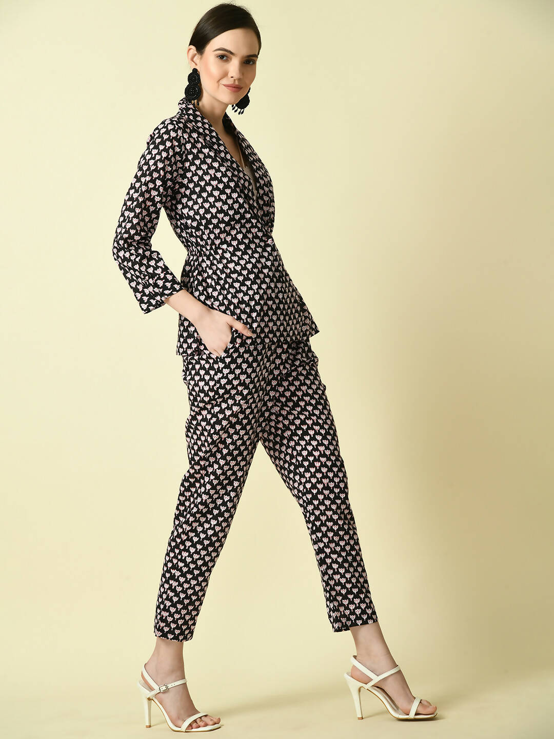 Myshka Women's Black Shawl Neck Coat With Trousers | Grocsy