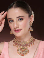NVR Women's Gold-Polished Pink Stone Studded Lakshmi Temple Jewellery Set | Grocsy