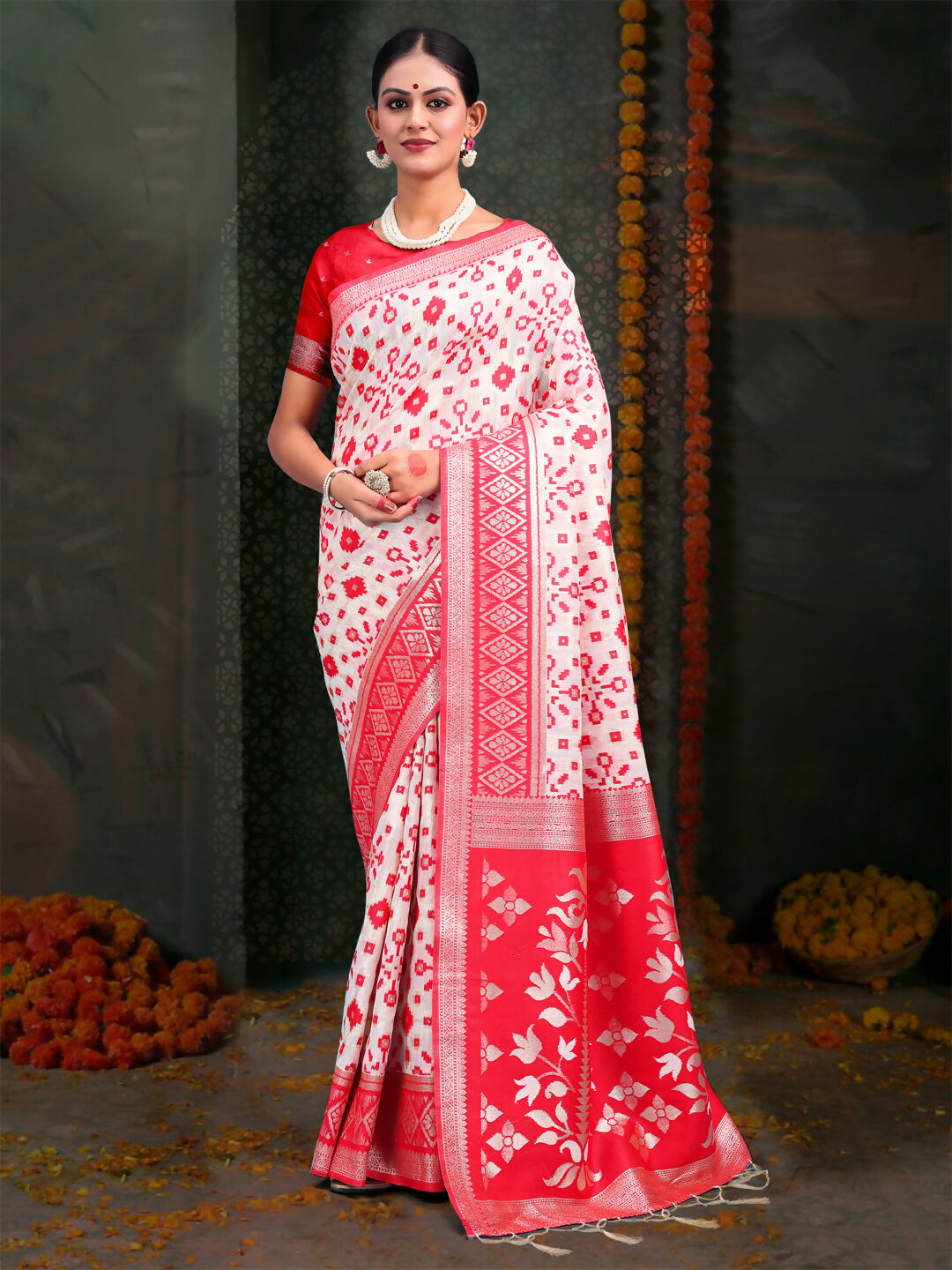 Shree Shyam Fashion Devistuti Red White Linen Cotton Saree | Grocsy