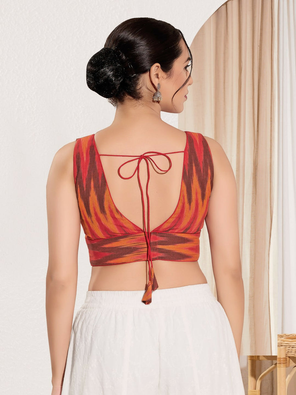 Joban Fashion Red Ikat Silk Padded Blouse With V Neck Sleeveless | Grocsy